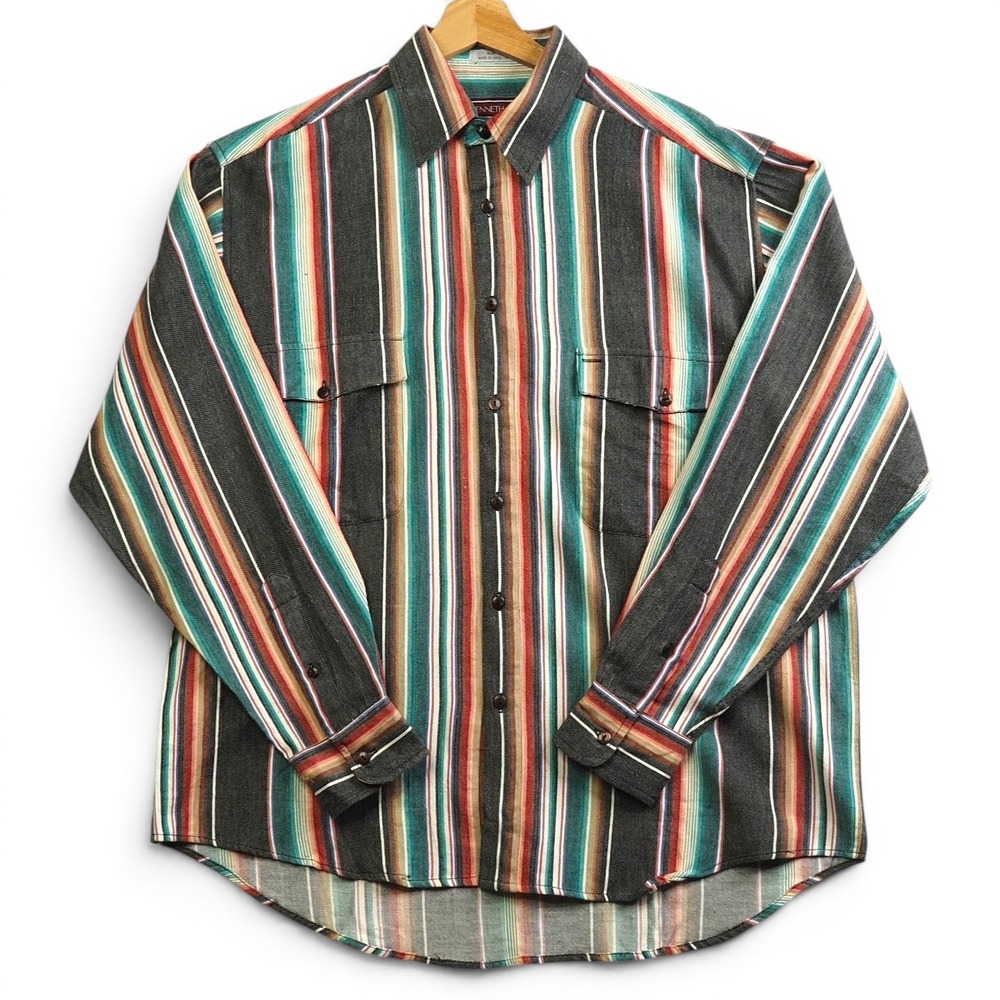 VTG 90s Mens Flannel Shirt M Southwestern Stripe Ranchwear Western Serape *FLAW*